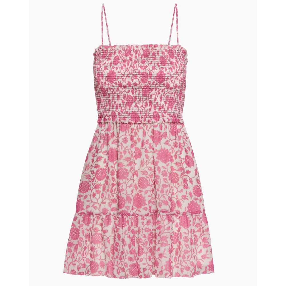 Wilfred Aritzia Pink Floral Smocked Mini Dress Tiered Ruffle 2XL Summer Boho - Picture 2 of 7